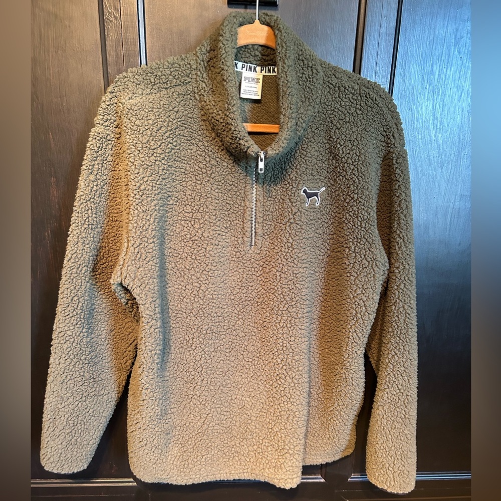 PINK Sherpa pullover. Size large. Olive green. Great condition.